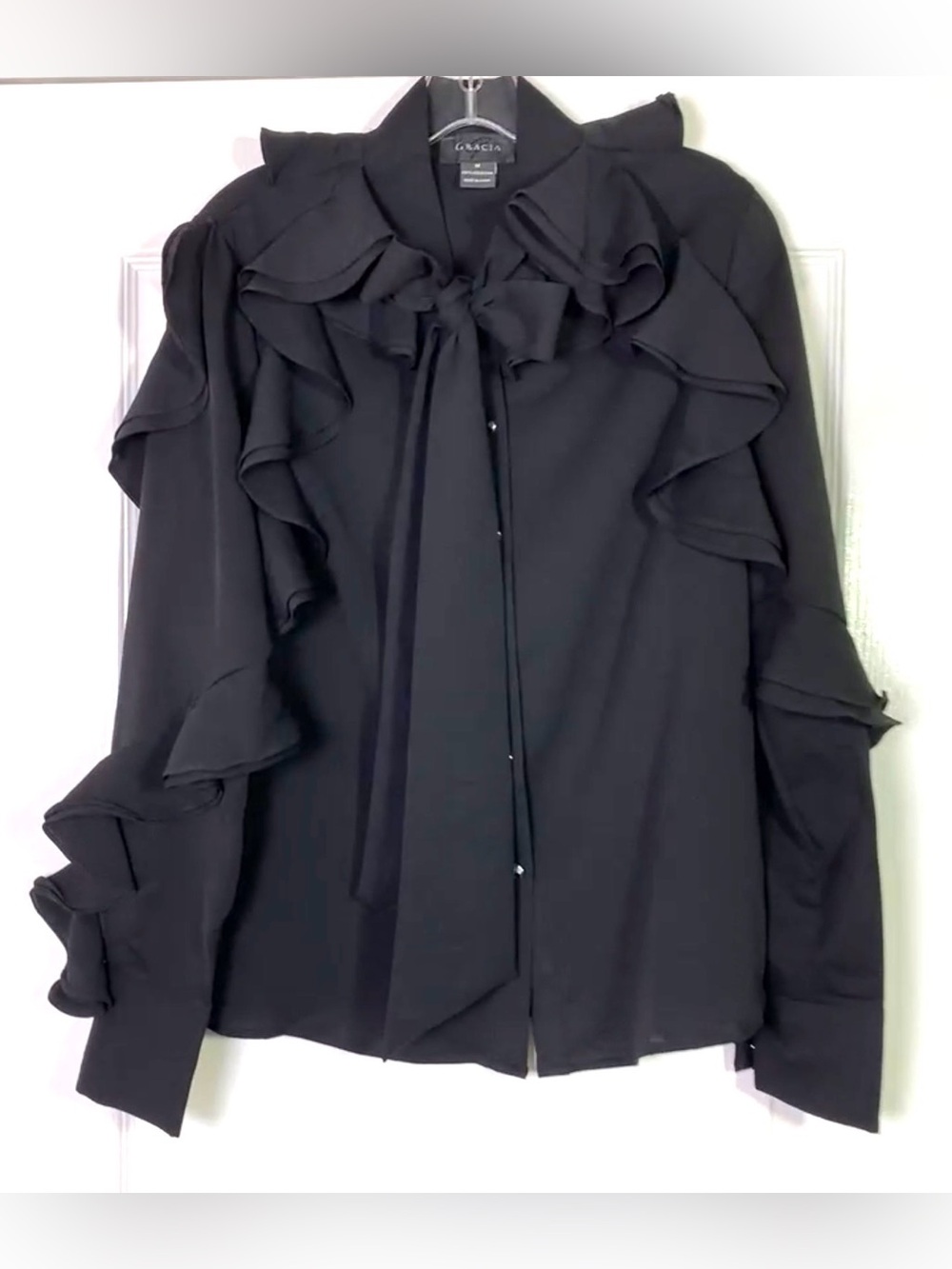 Gracia Black Ruffled PussyBow Tie Neck Button Down Shirt Blouse - Picture 7 of 8